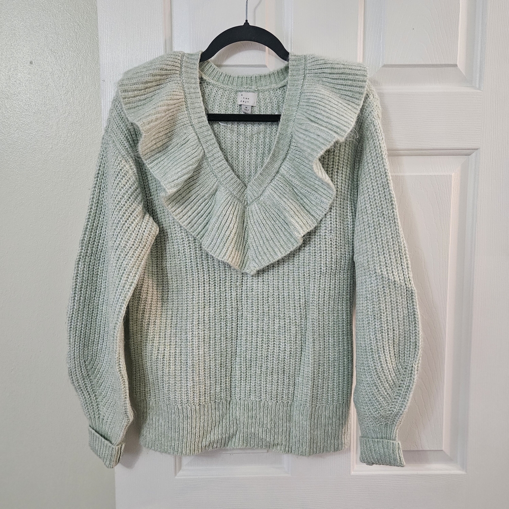 a new day Light Green Ruffled V-Neck Sweater